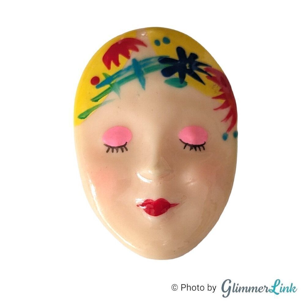 Vintage 80s Hand Painted Flapper Lady Face Brooch